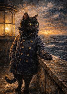 Black Cat in Coat by the Sea