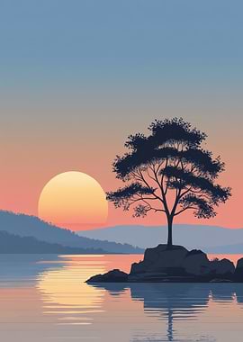 Serene Sunset Landscape with Tree