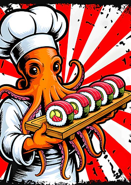 Octopus Chef Serving Sushi