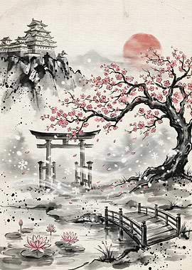 Japanese Landscape with Castle and Cherry Blossoms