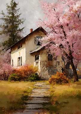 House with Cherry Blossoms Painting