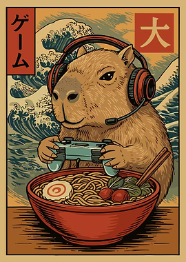 Capybara Gamer Poster, Funny Japanese Ramen Wall Art, Gaming Animal Illustration Print