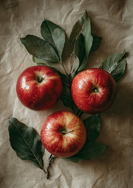 Three Red Apples with Leaves