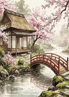 Japanese Garden with Cherry Blossoms