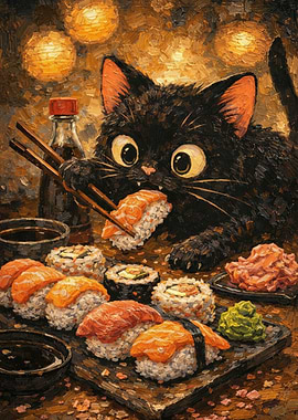 Black Cat Eating Sushi Painting