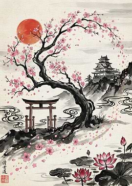 Japanese Landscape with Cherry Blossoms
