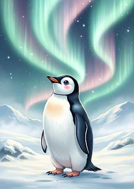 Cartoon Penguin Under Aurora Borealis