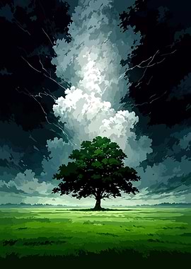 Lone Tree Under Stormy Sky