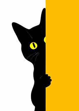 Black Cat Peeking Around Yellow Wall