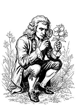 Isaac Newton with Magnifying Glass and Flower