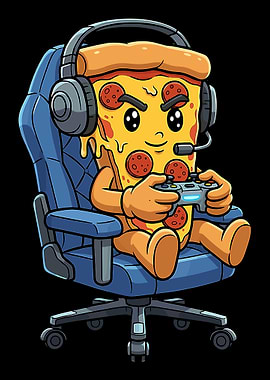Pizza Gamer Poster, Funny Cartoon Pizza Slice Wall Art, Playful Gaming Room Decor Print
