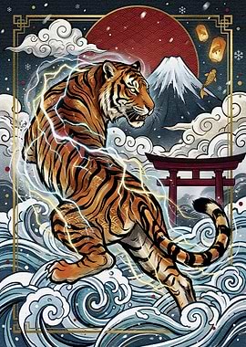 Tiger with Lightning Thunder and Mount Fuji