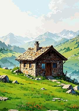 Mountain Cabin Landscape Illustration