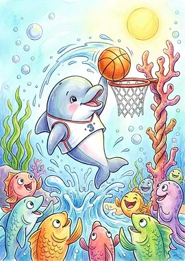 Cartoon Dolphin Playing Basketball Underwater