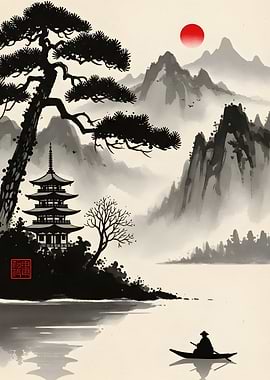 Japanese Landscape with Pagoda and Boat
