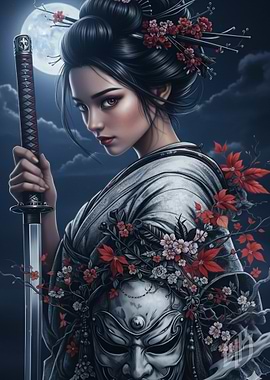 Samurai Woman with Sword and Mask