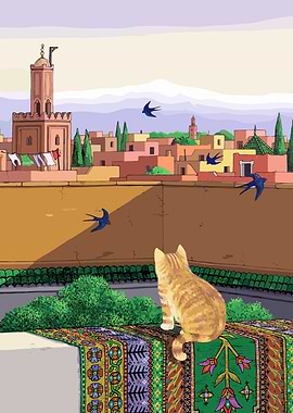 Cat overlooking a Moroccan cityscape