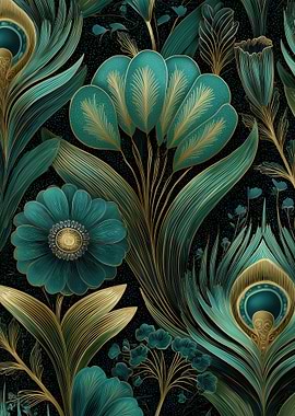 Teal and Gold Floral Art Deco Pattern