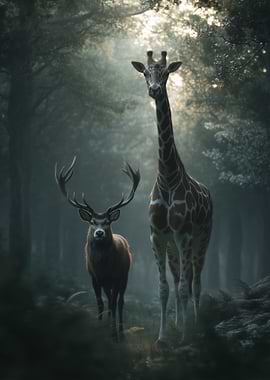 Deer and Giraffe in Forest