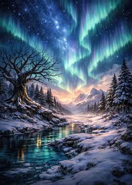 Winter landscape with aurora borealis
