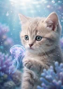 Kitten and Jellyfish Underwater Fantasy