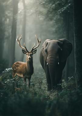 Deer and Elephant in Misty Forest