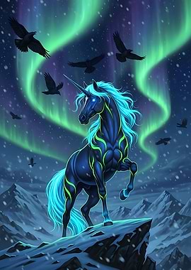Mystical Unicorn with Northern Lights