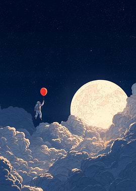 Astronaut with Balloon in Cloudy Sky