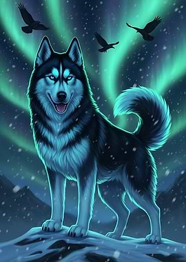 Husky under Aurora with Ravens