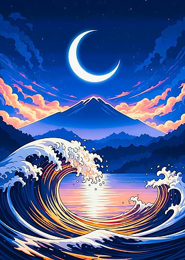 Night Wave and Mountain Landscape