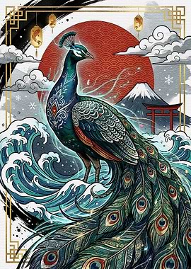 Peacock with Japanese Landscape