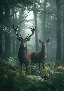 Deer And Stag in Misty Forest