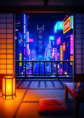 Cyberpunk City View from Japanese Room