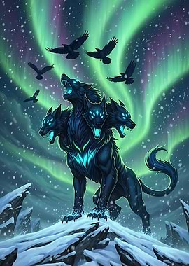 Three-Headed Wolf Under Aurora Borealis