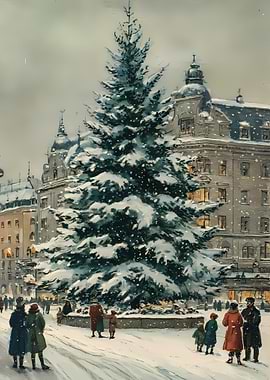 Snowy Christmas Tree in City Square