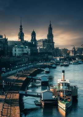 Dresden cityscape with Elbe river and boats