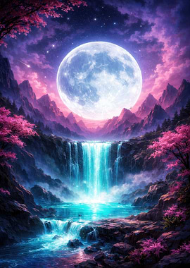 Mystical Waterfall Under a Full Moon