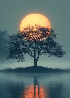 Tree Silhouette with Rising Sun Reflection