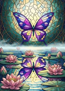 Butterfly and Lotus Pond Stained Glass