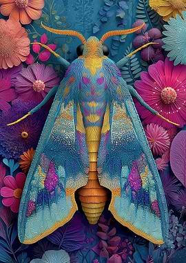 Colorful Moth Among Flowers