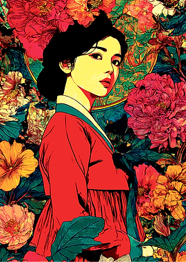 Korean Woman in Hanbok with Floral Background