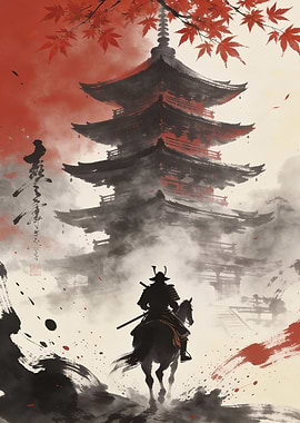Samurai on Horseback with Pagoda