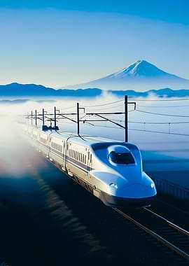 Japanese Bullet Train with Mount Fuji