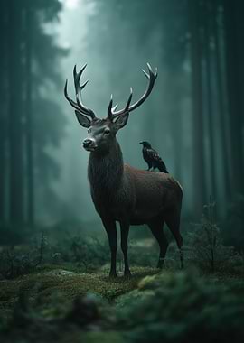 Deer and Raven in Misty Forest