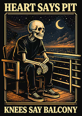 Skeleton Balcony Poster, Dark Humor Wall Art, Night City Illustration, Funny Existential Print