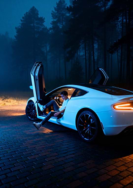 Man in White Car at Night