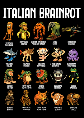 Italian Brainrot Digital Art Poster, Whimsical Cartoon Collage, Funny Italian Wall Print