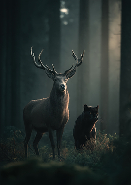 Deer and Panther in Forest