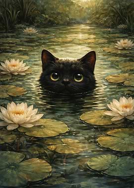 Black Cat in Lily Pond