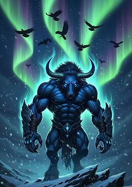 Minotaur in Winter Landscape with Aurora